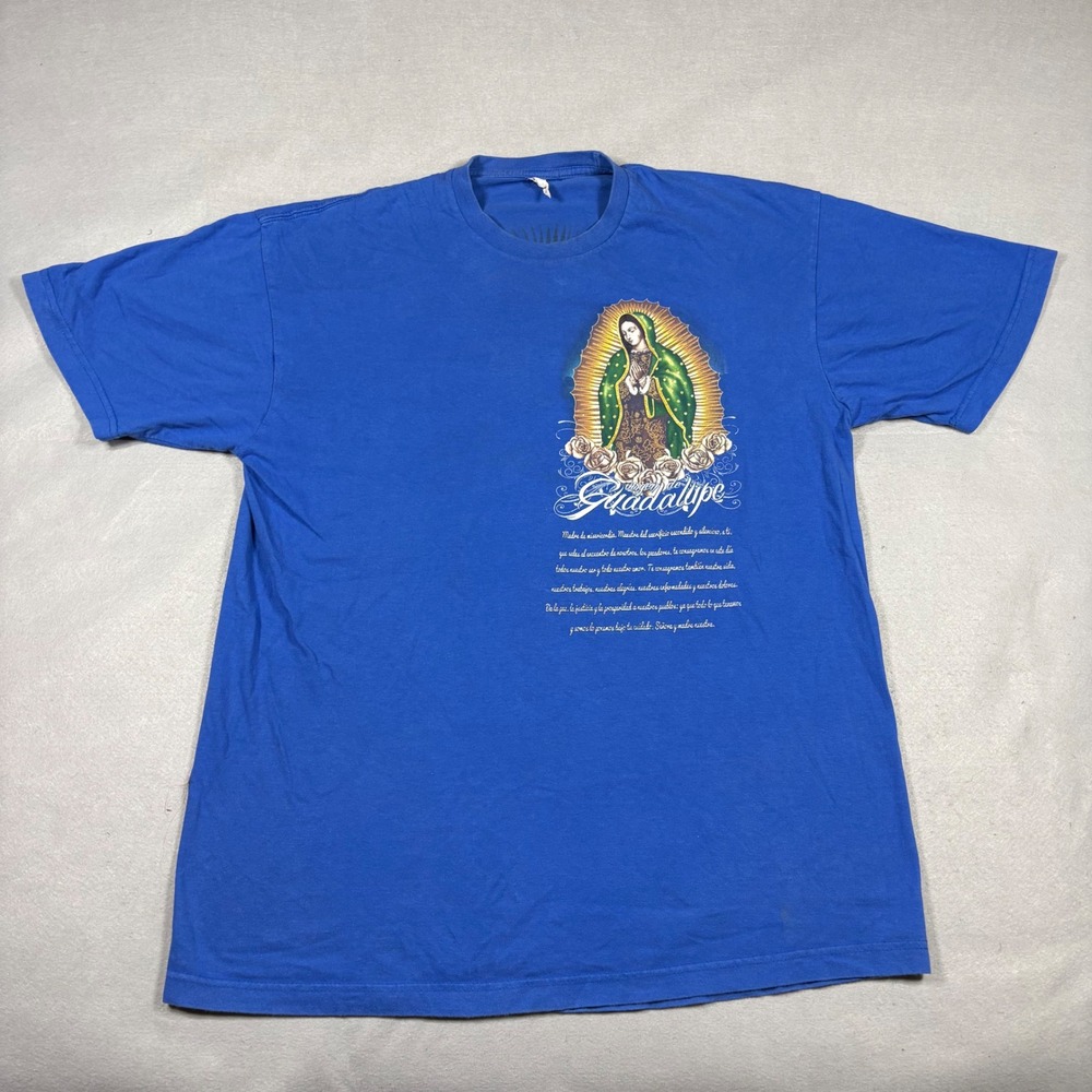 Virgen de Guadalupe Graphic T-Shirt Blue Men XL Spanish Prayer Jesus